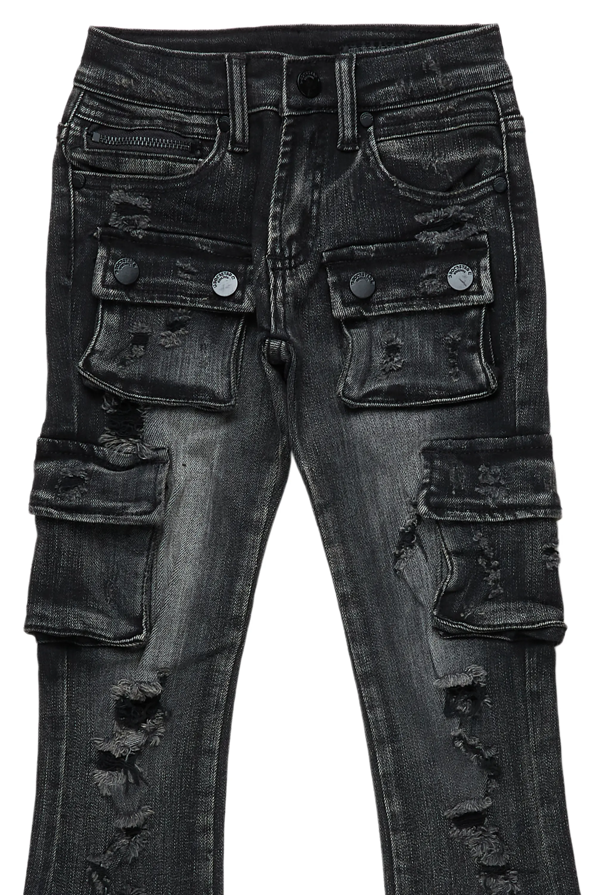 Boys Zaire Grey Cargo Super Stacked Flare Jean - Image 4