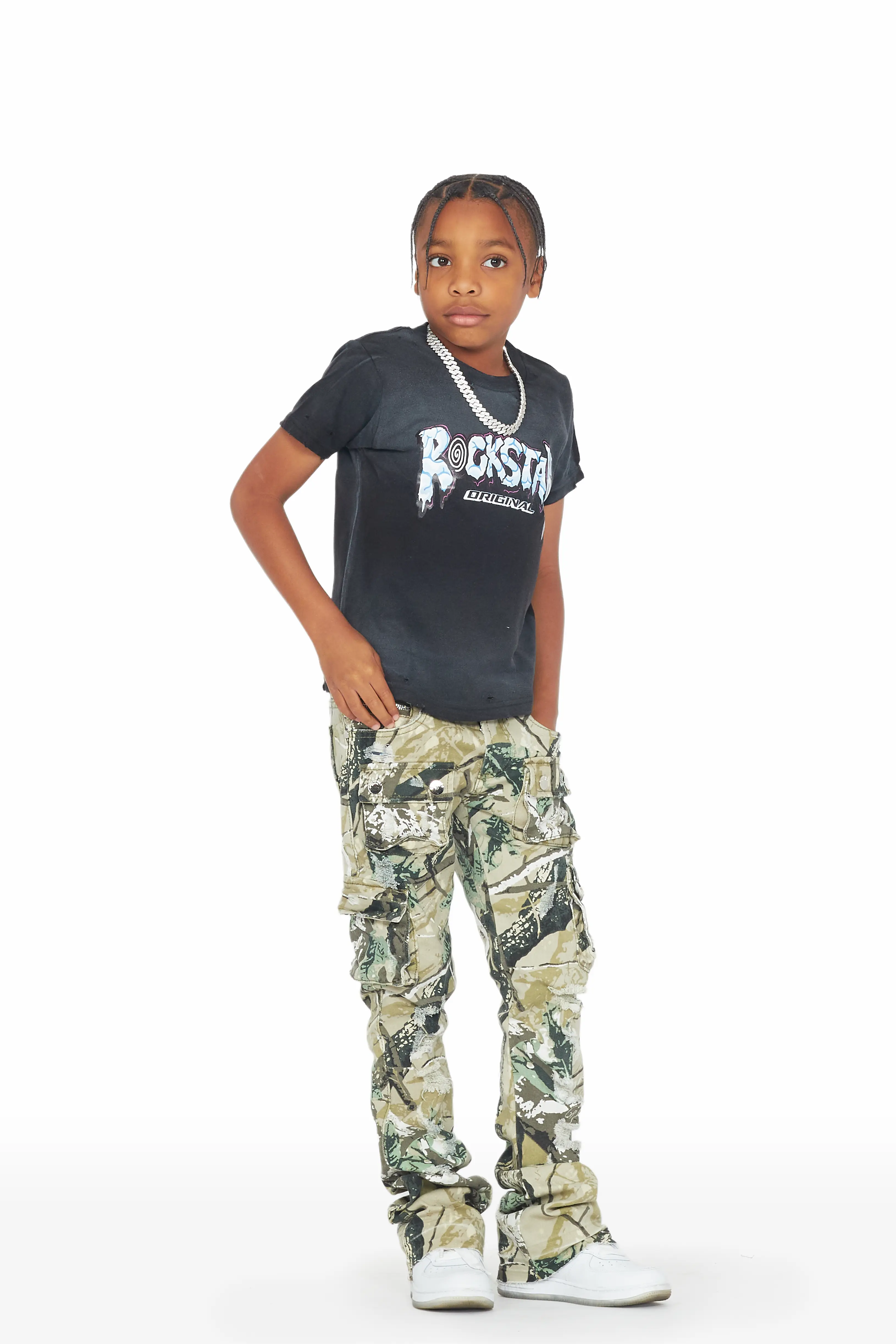 Boys Zaire Tree Camo Cargo Super Stacked Flare Jean - Image 3