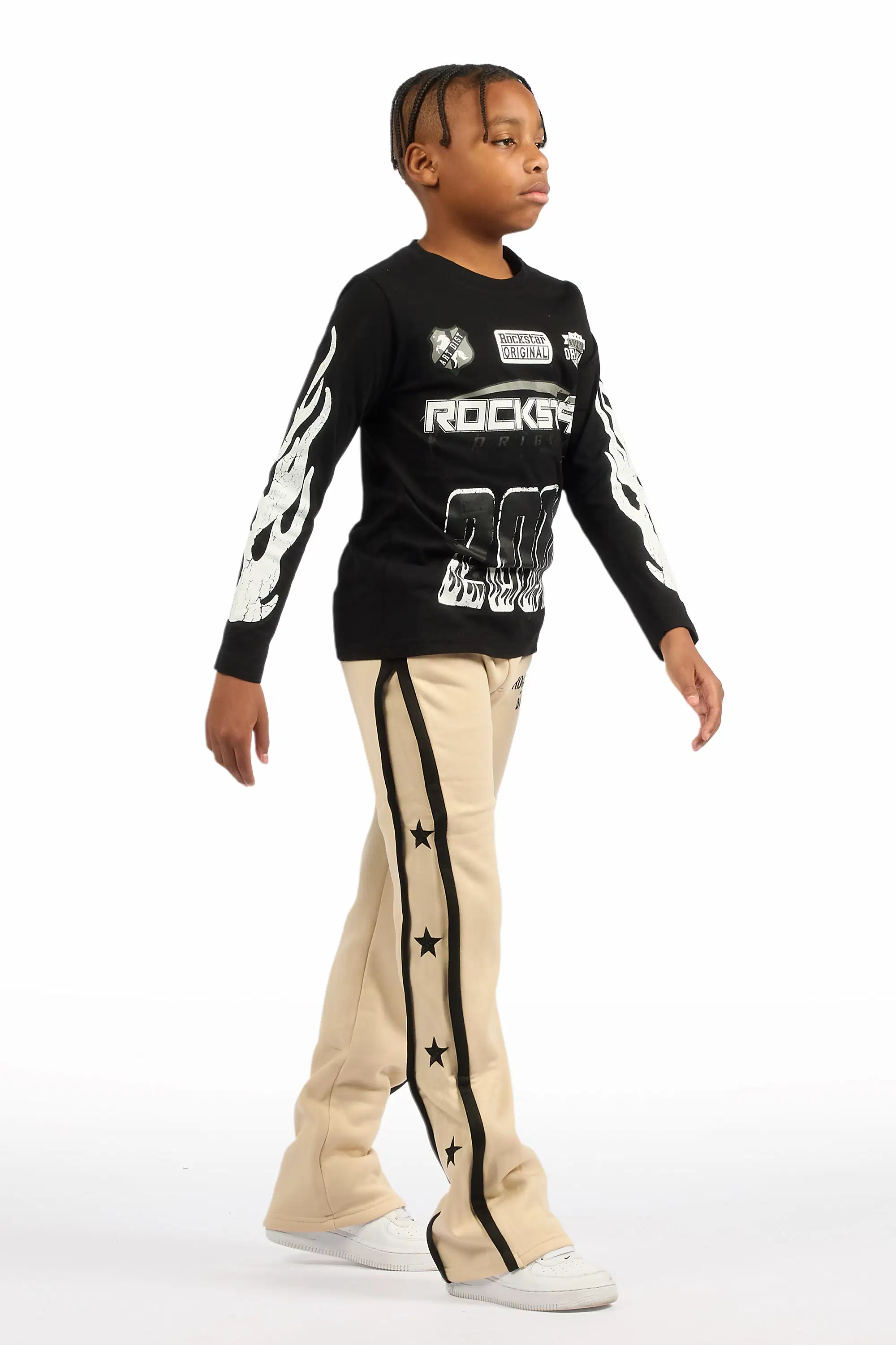 Boys Arkady Beige Stacked Flare Track Pant - Image 4