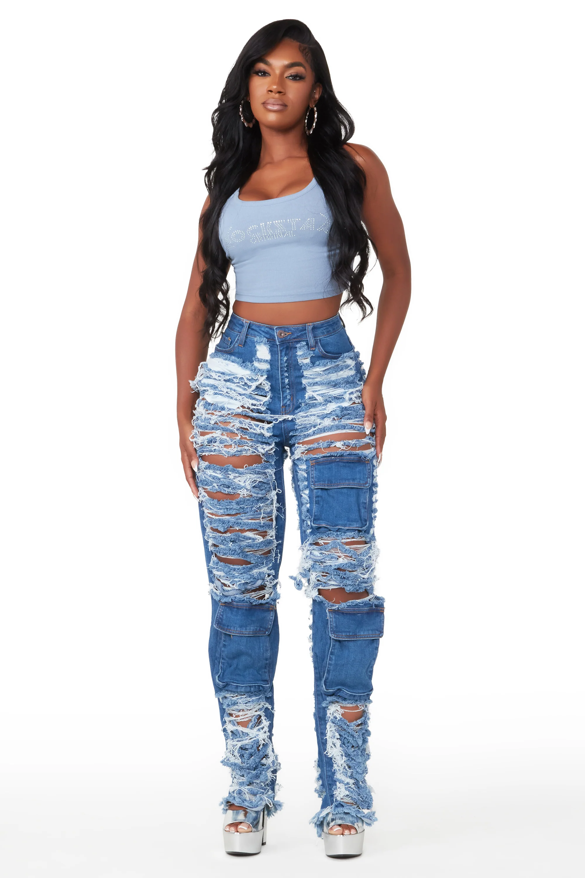 Serenity Med. Wash Super Shredded Wide Leg Jean - Image 5
