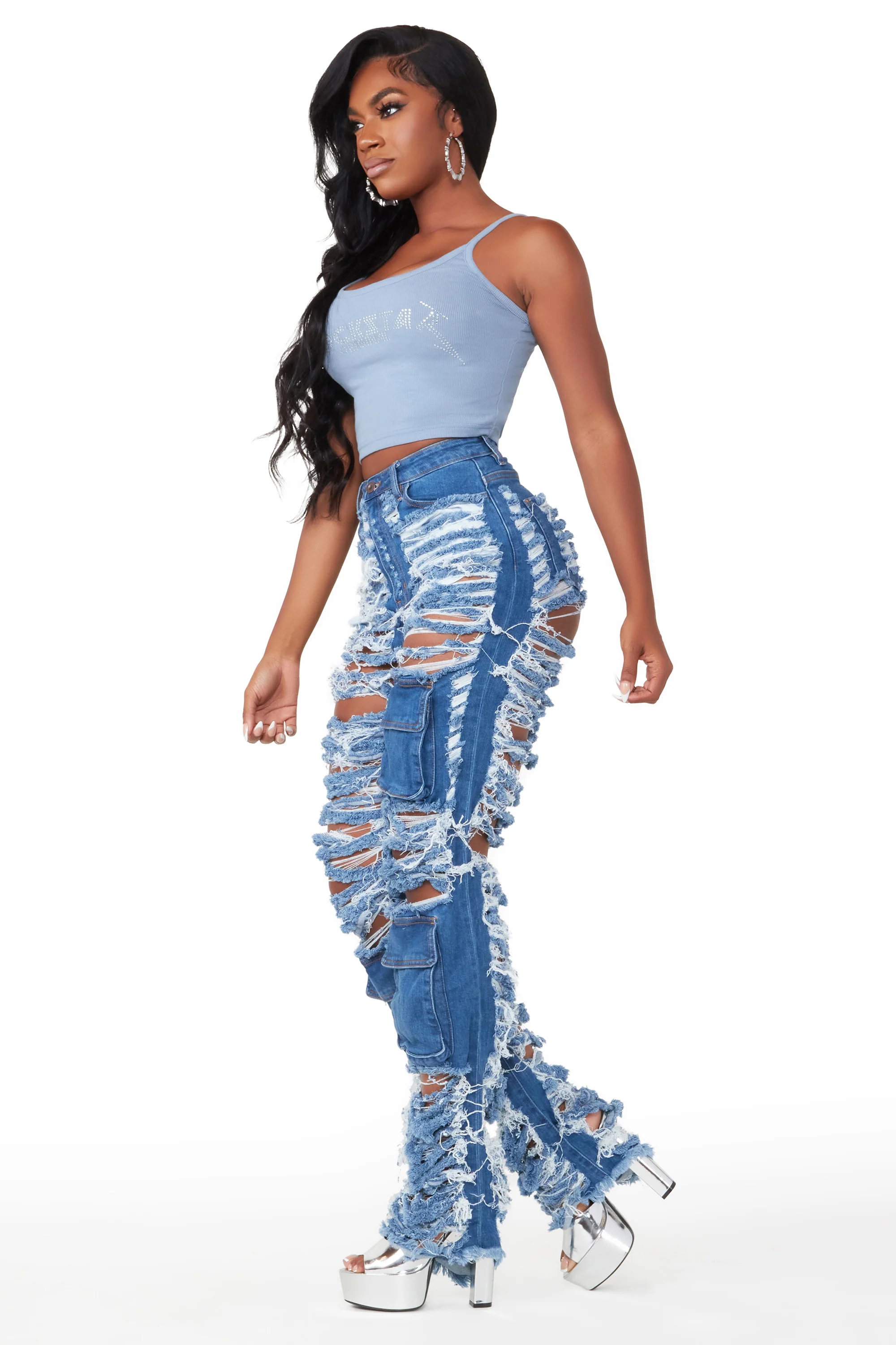 Serenity Med. Wash Super Shredded Wide Leg Jean - Image 6