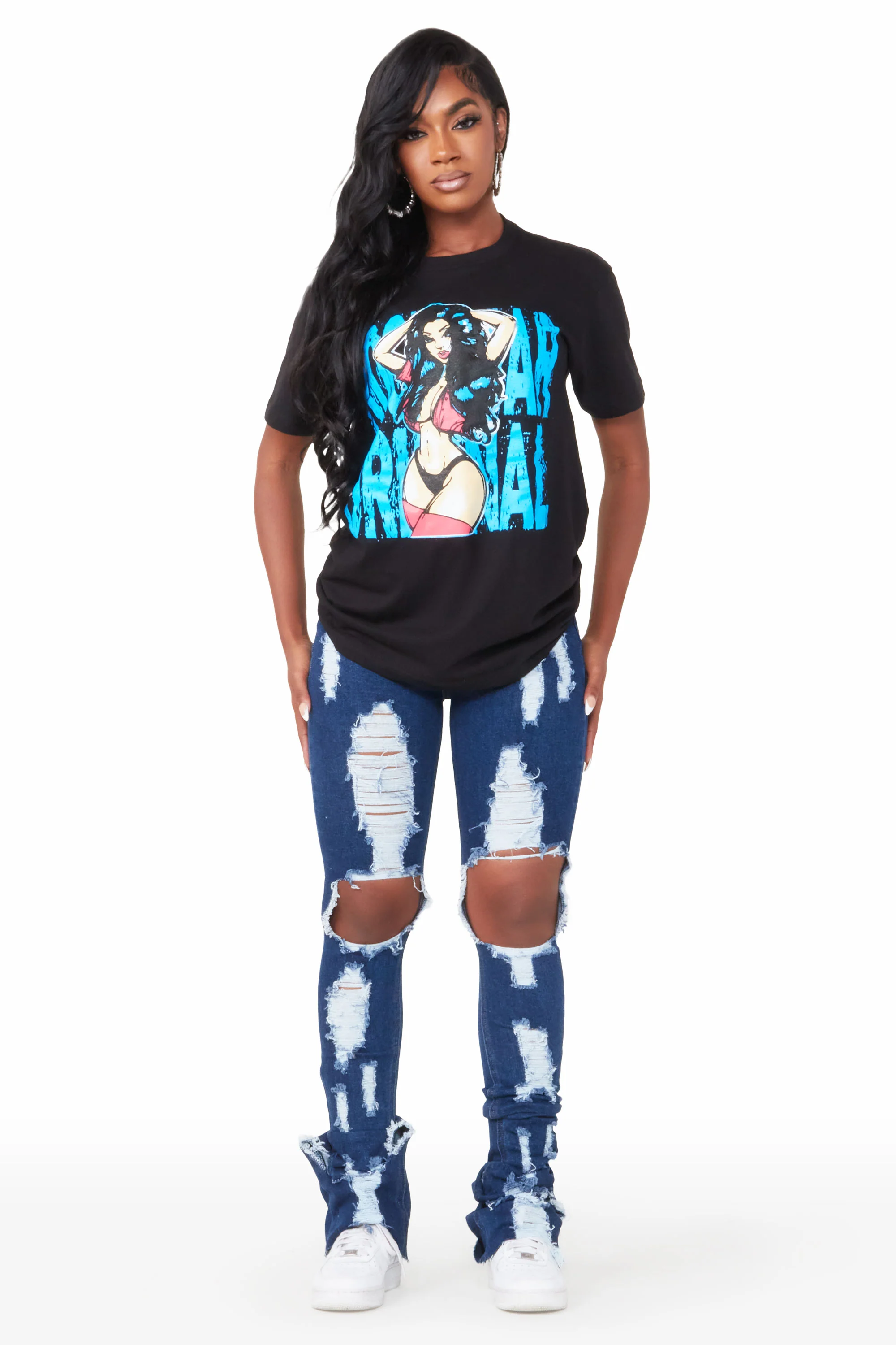 Valerie Dark Wash Distressed Super Stacked Jean - Image 3