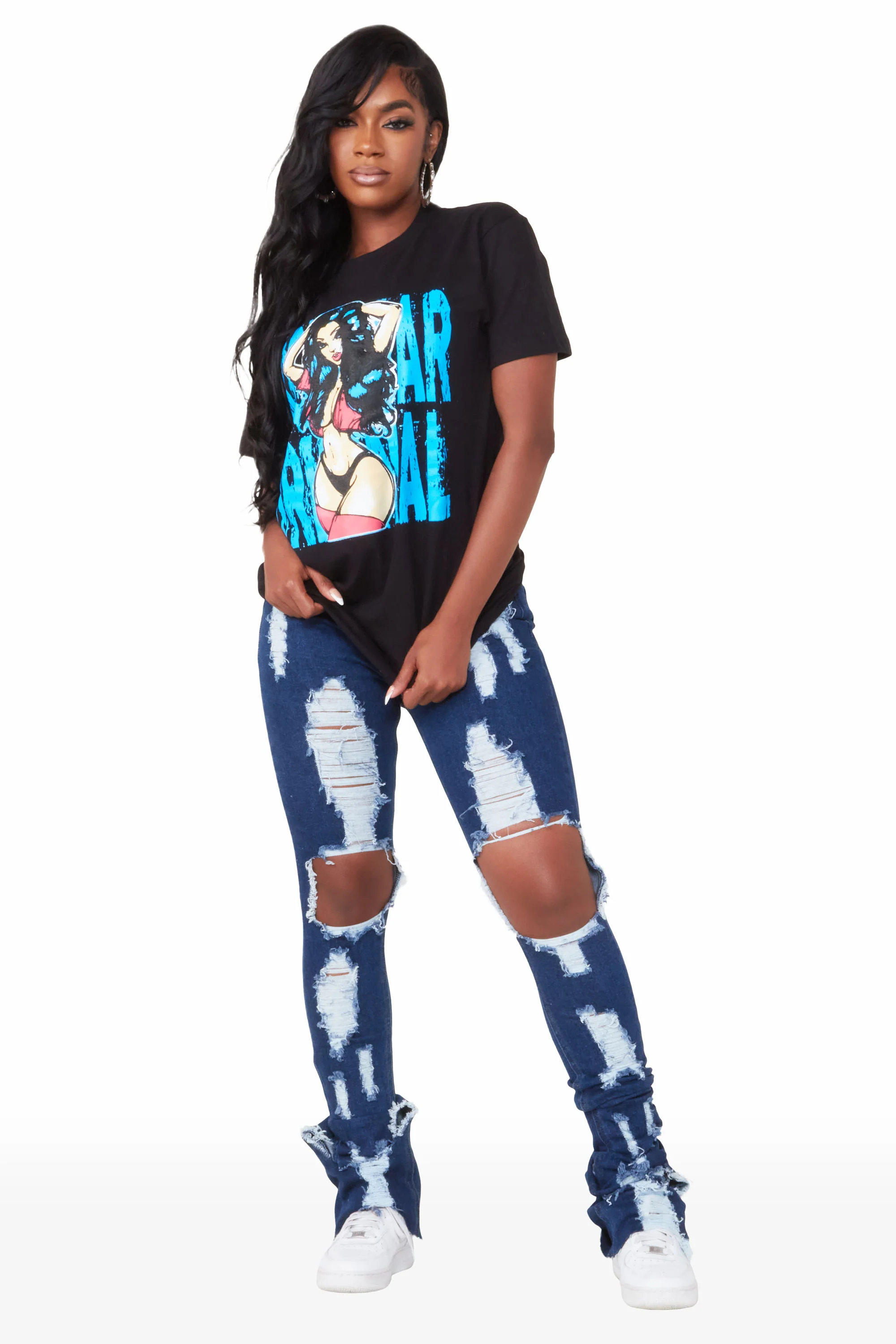 Valerie Dark Wash Distressed Super Stacked Jean - Image 4