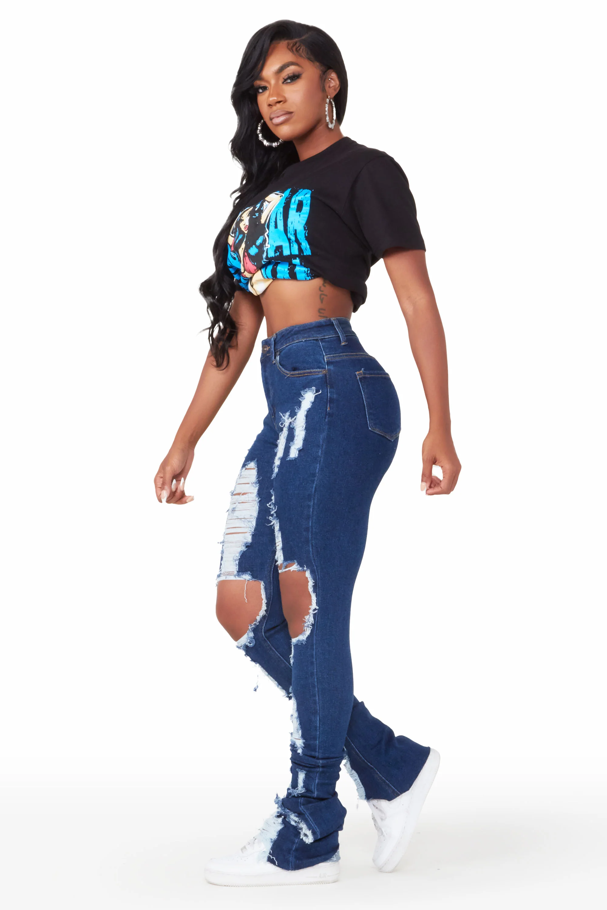 Valerie Dark Wash Distressed Super Stacked Jean - Image 5