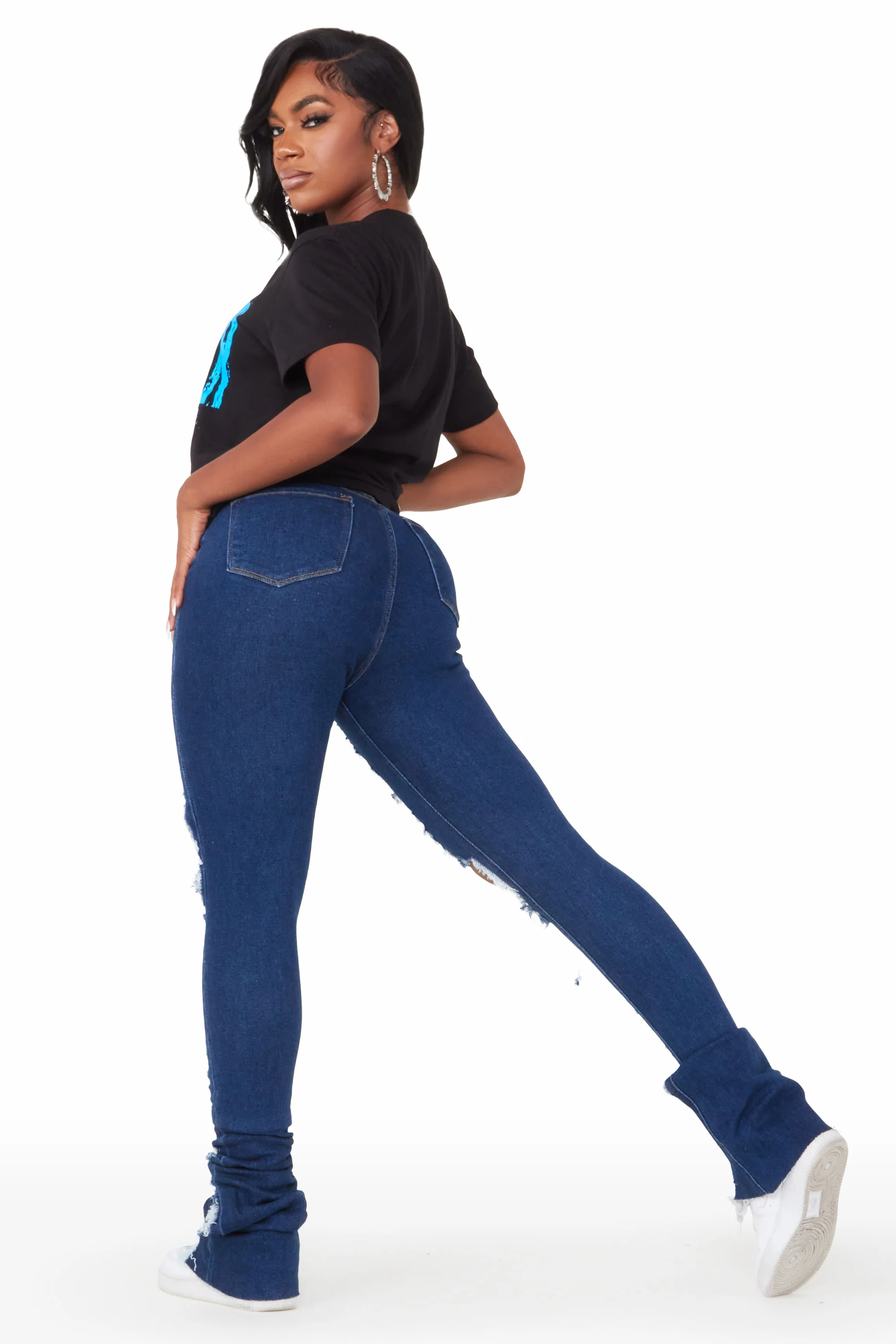 Valerie Dark Wash Distressed Super Stacked Jean - Image 6