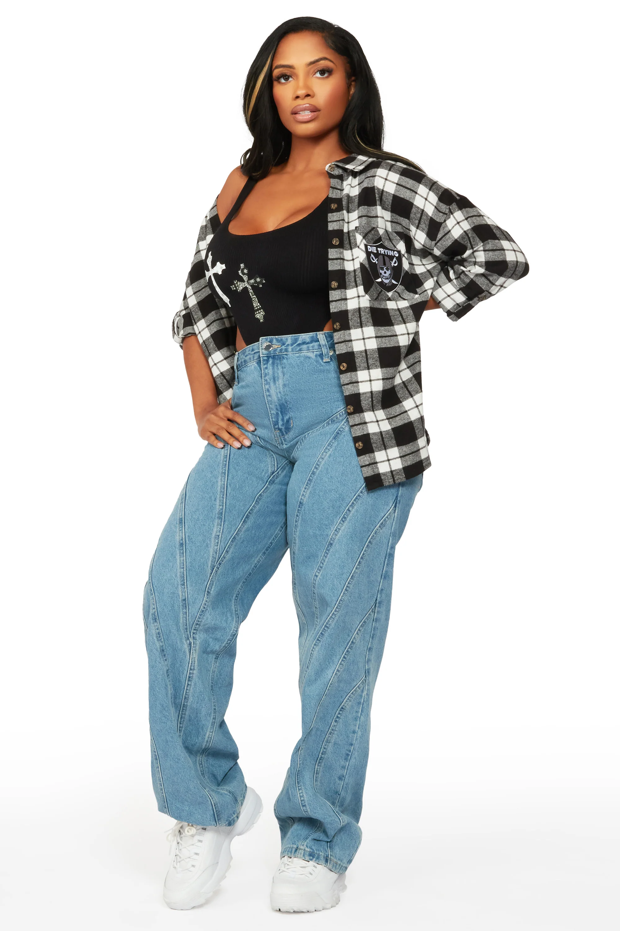 Rockstar Raider Black/White Plaid Button Up - Image 3