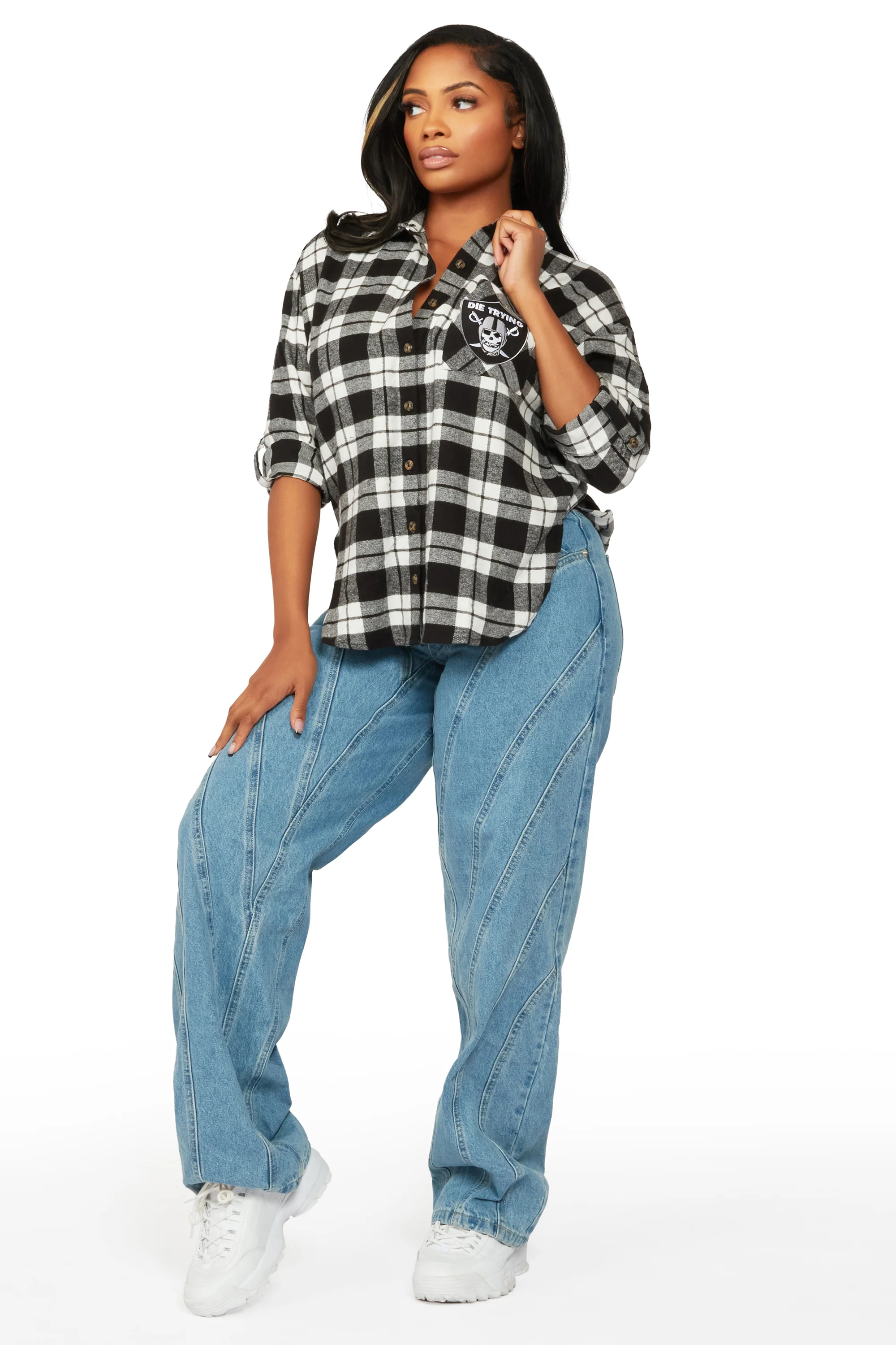 Rockstar Raider Black/White Plaid Button Up - Image 4