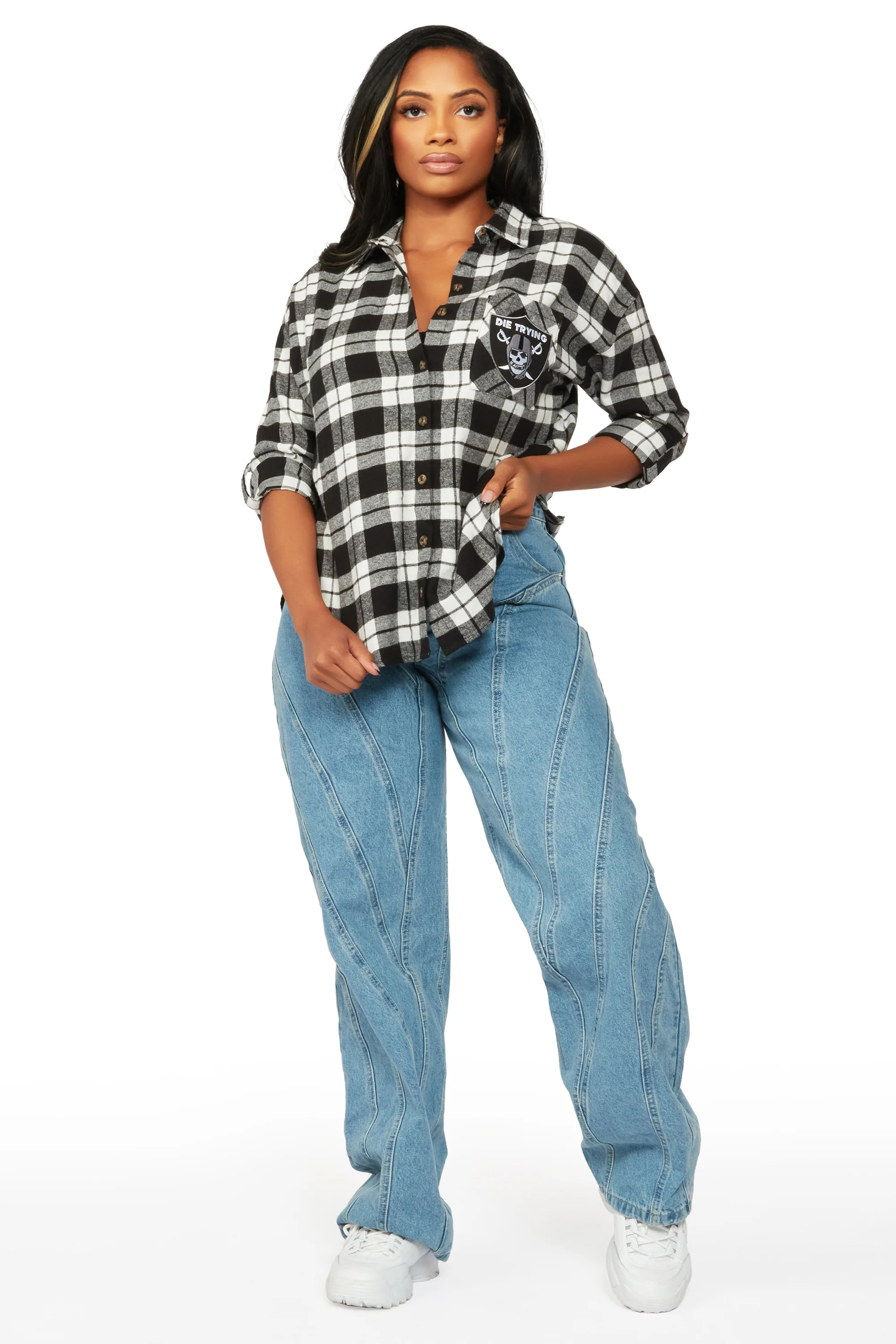 Rockstar Raider Black/White Plaid Button Up - Image 6