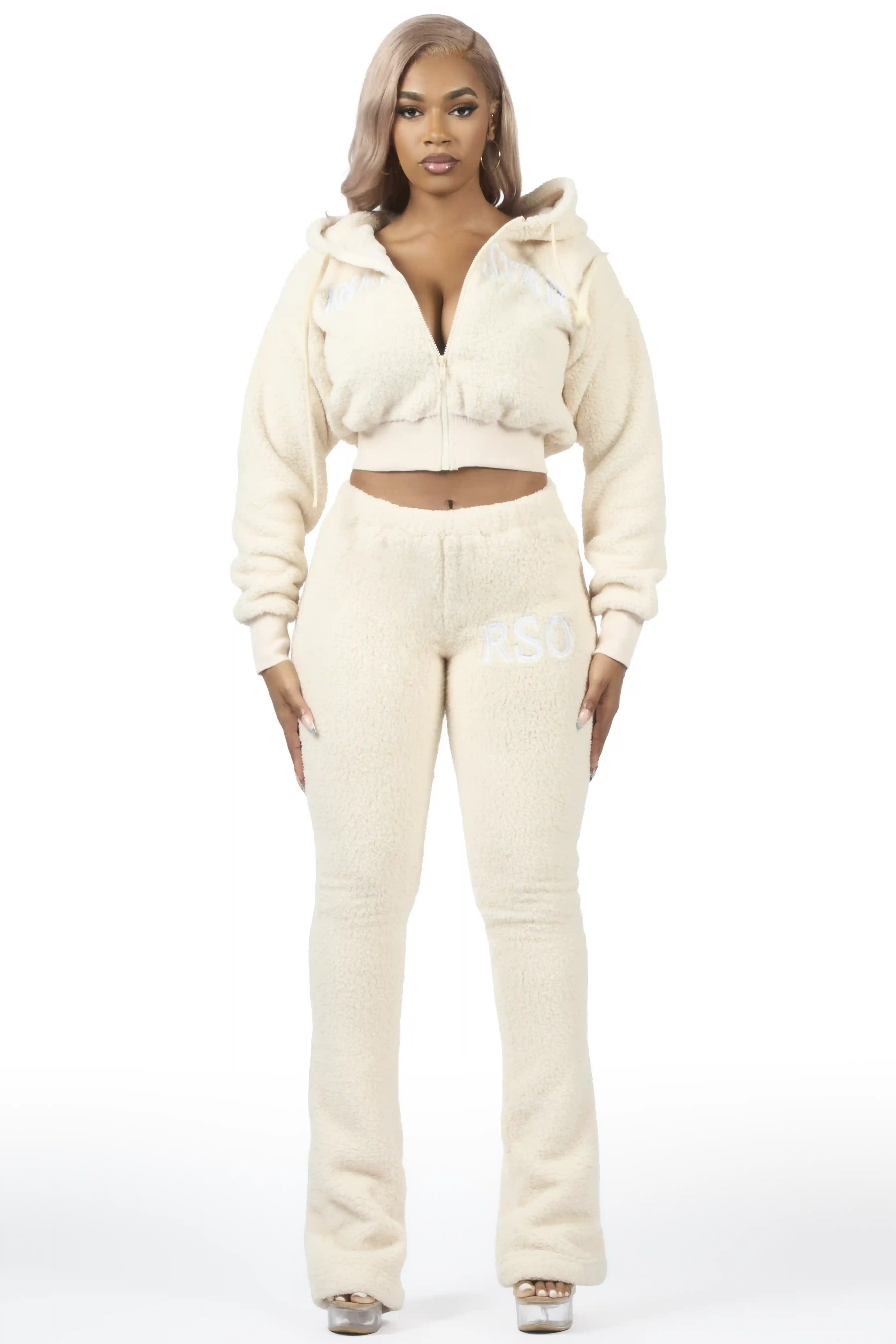 Krystiana Beige Sherpa Zip Up Stacked Track Set - Image 3