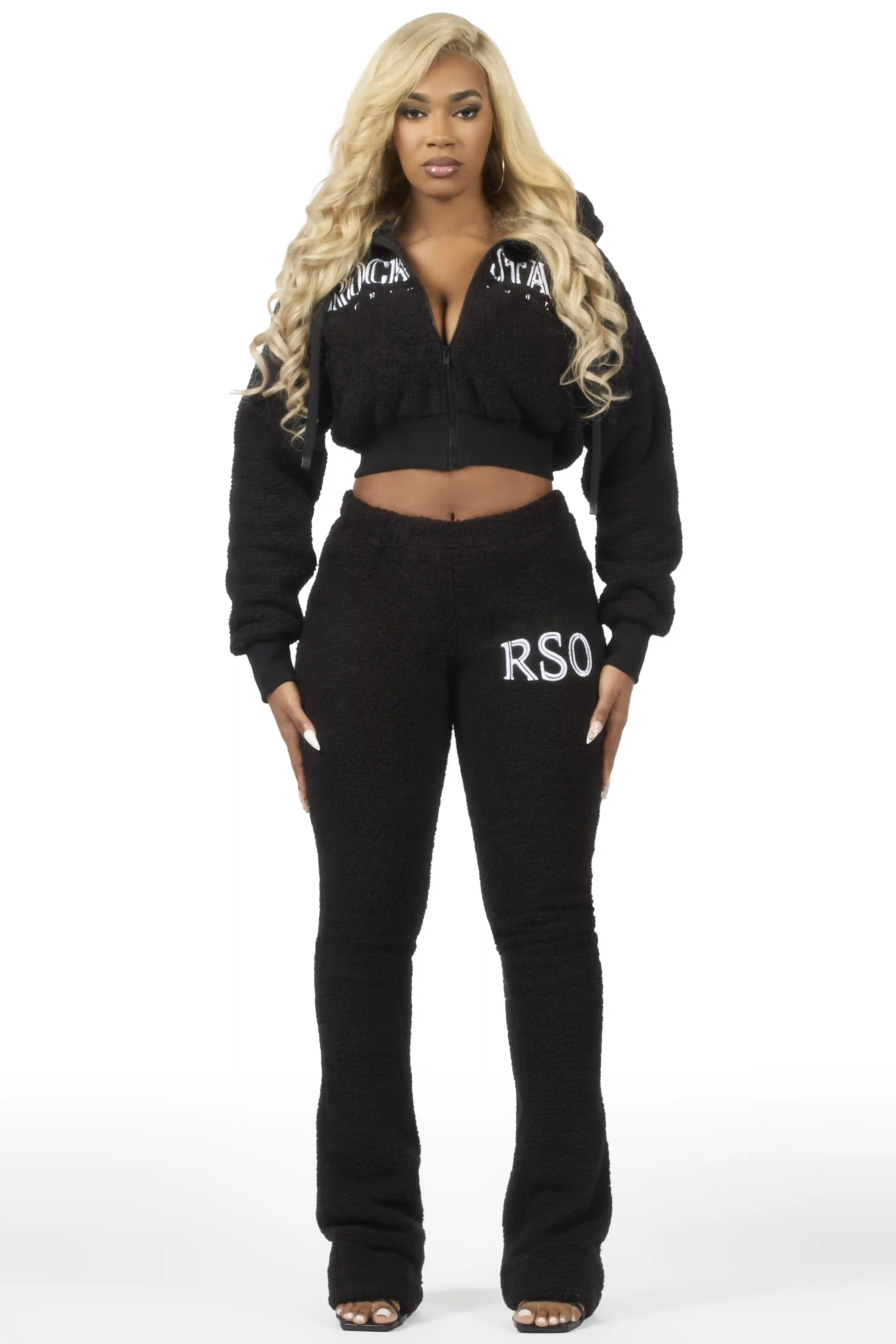 Krystiana Black Sherpa Zip Up Stacked Track Set - Image 3