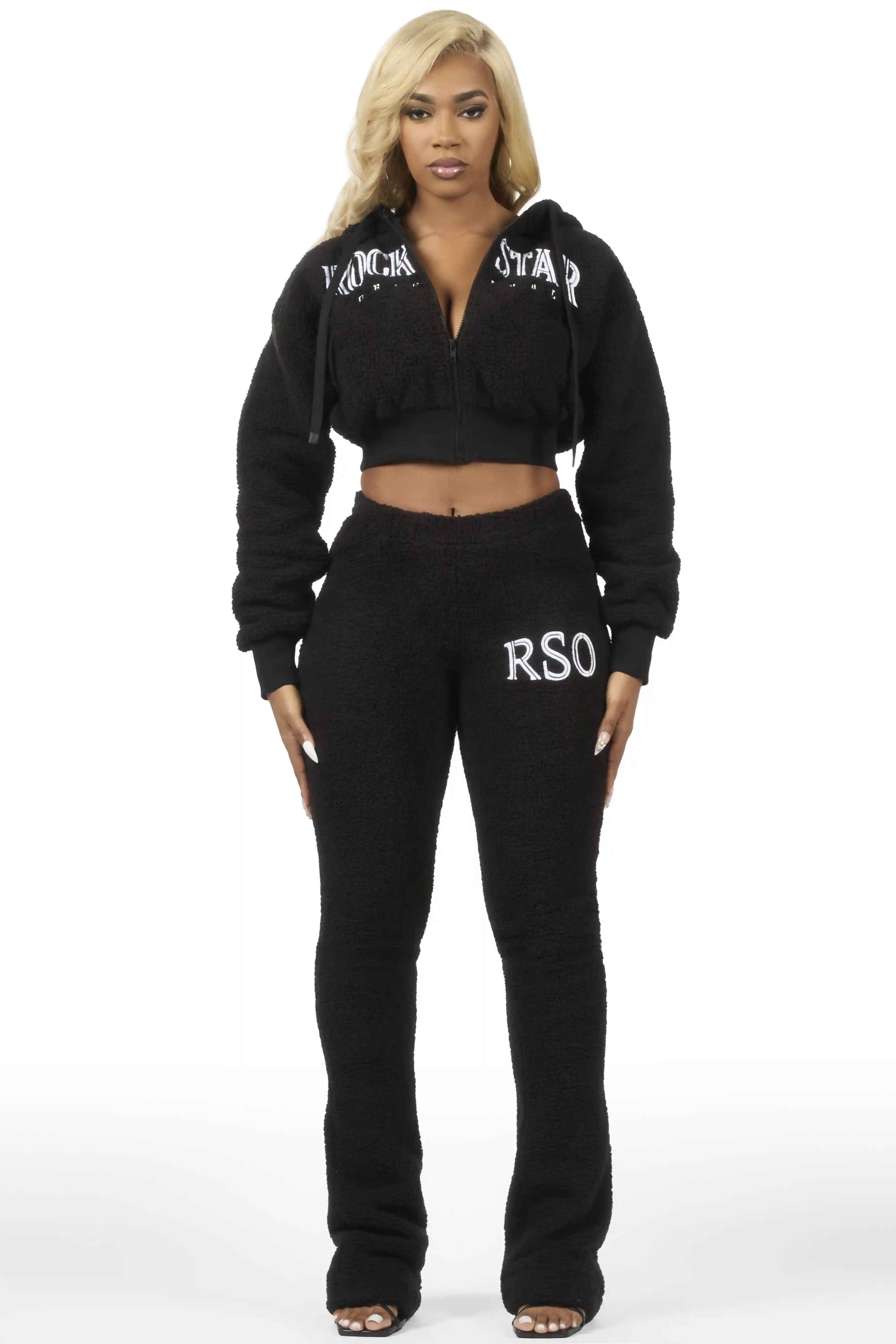 Krystiana Black Sherpa Zip Up Stacked Track Set - Image 7