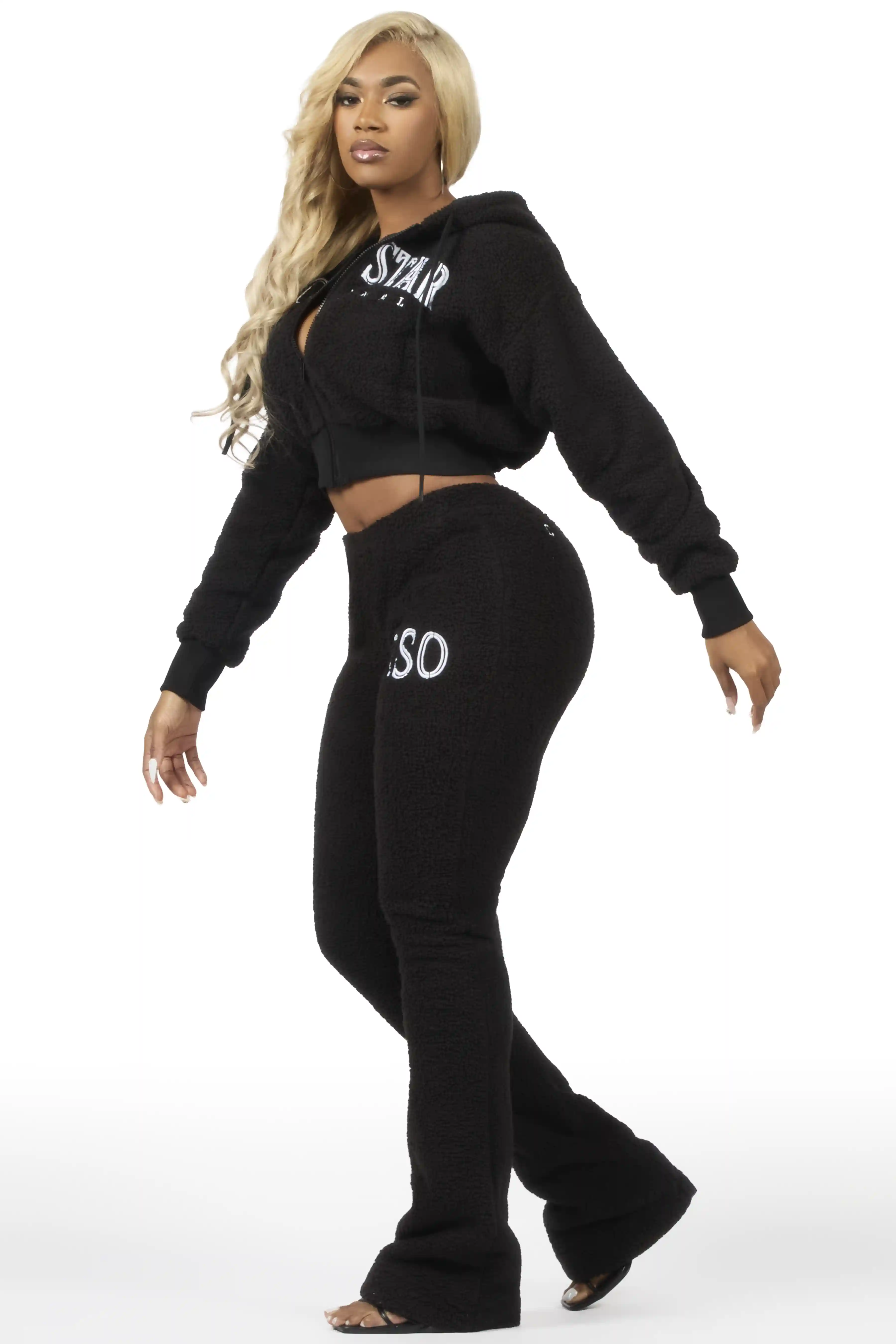 Krystiana Black Sherpa Zip Up Stacked Track Set - Image 9