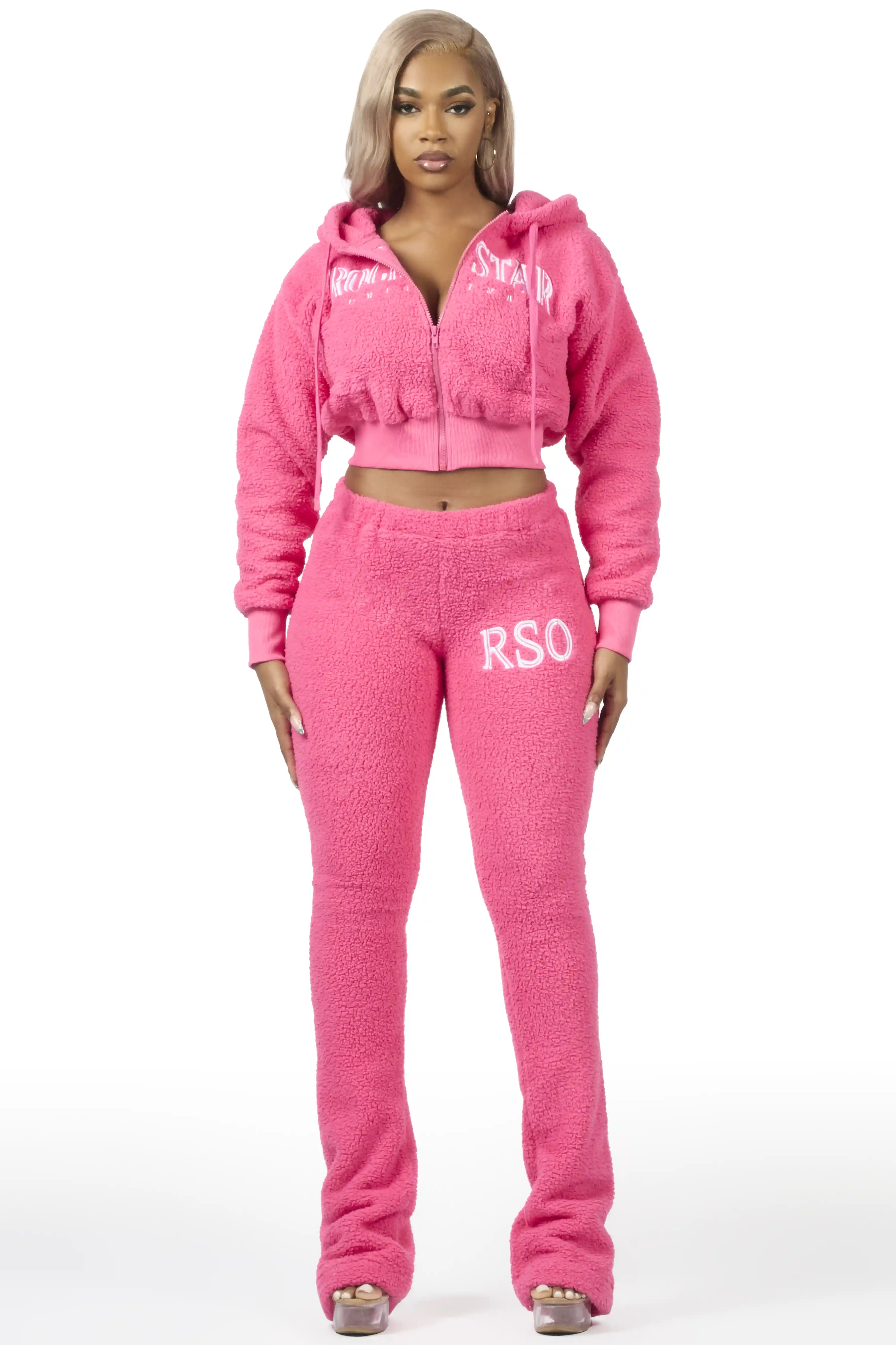 Krystiana Hot Pink Sherpa Zip Up Stacked Track Set - Image 3