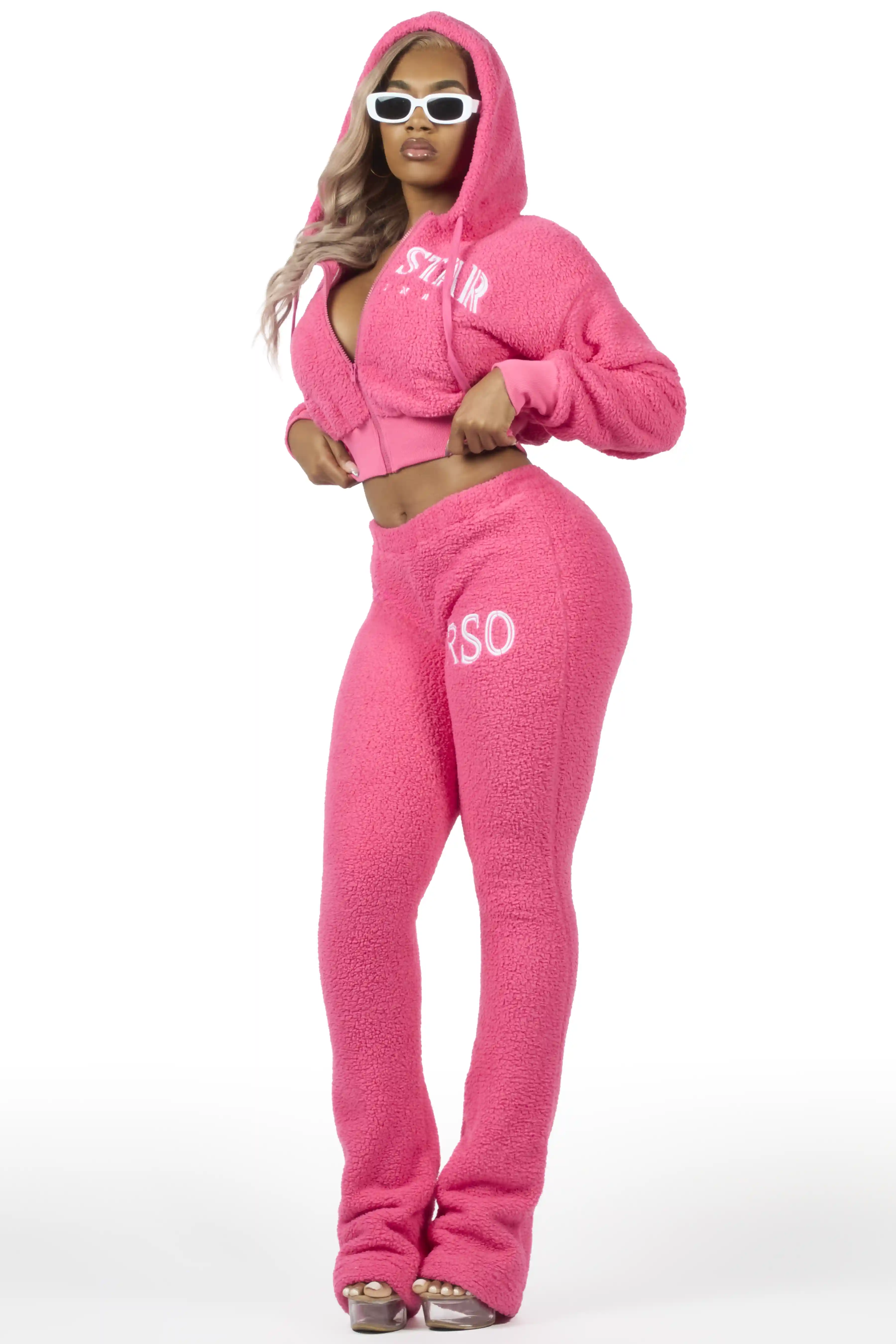 Krystiana Hot Pink Sherpa Zip Up Stacked Track Set - Image 4