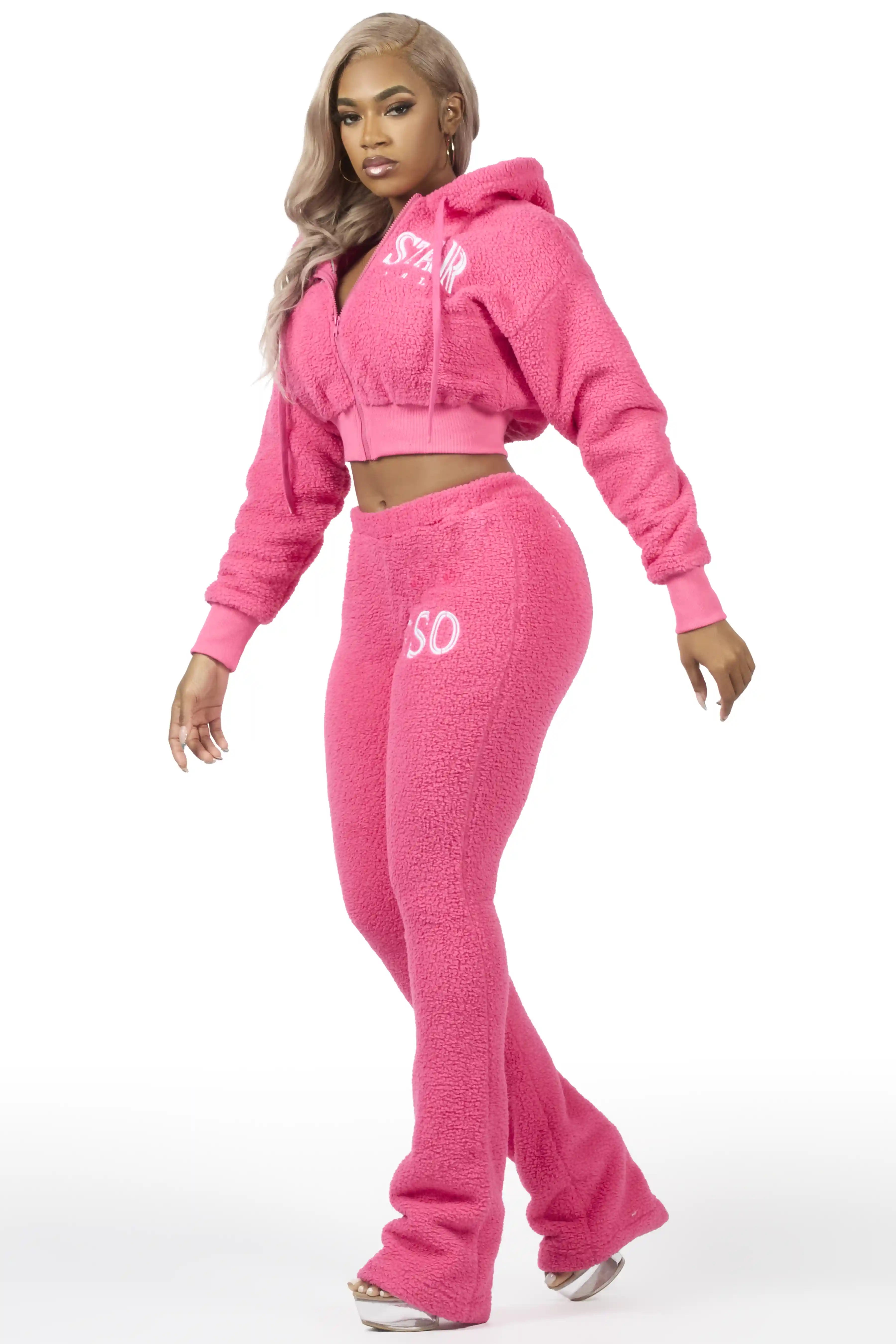 Krystiana Hot Pink Sherpa Zip Up Stacked Track Set - Image 6