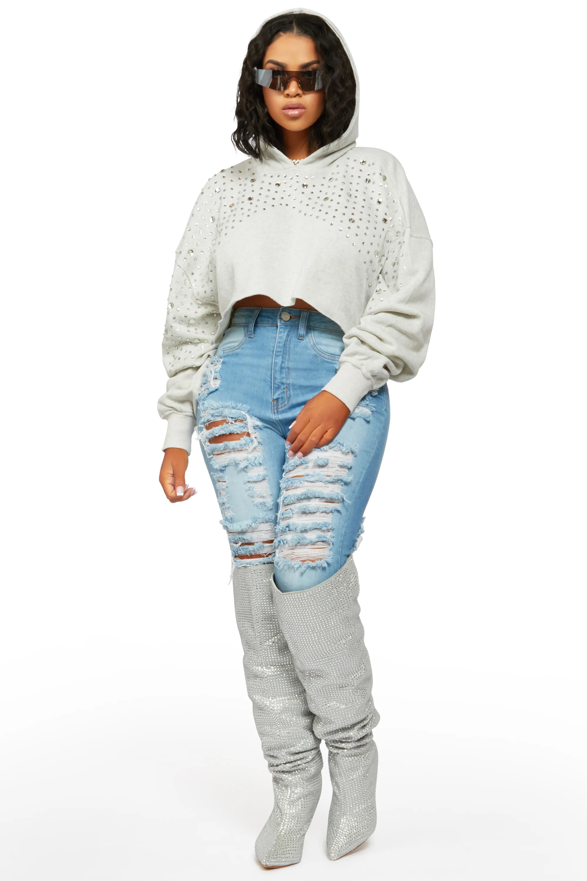 The Clermont Twins Neveah Beige Rhinestone Hoodie - Image 3