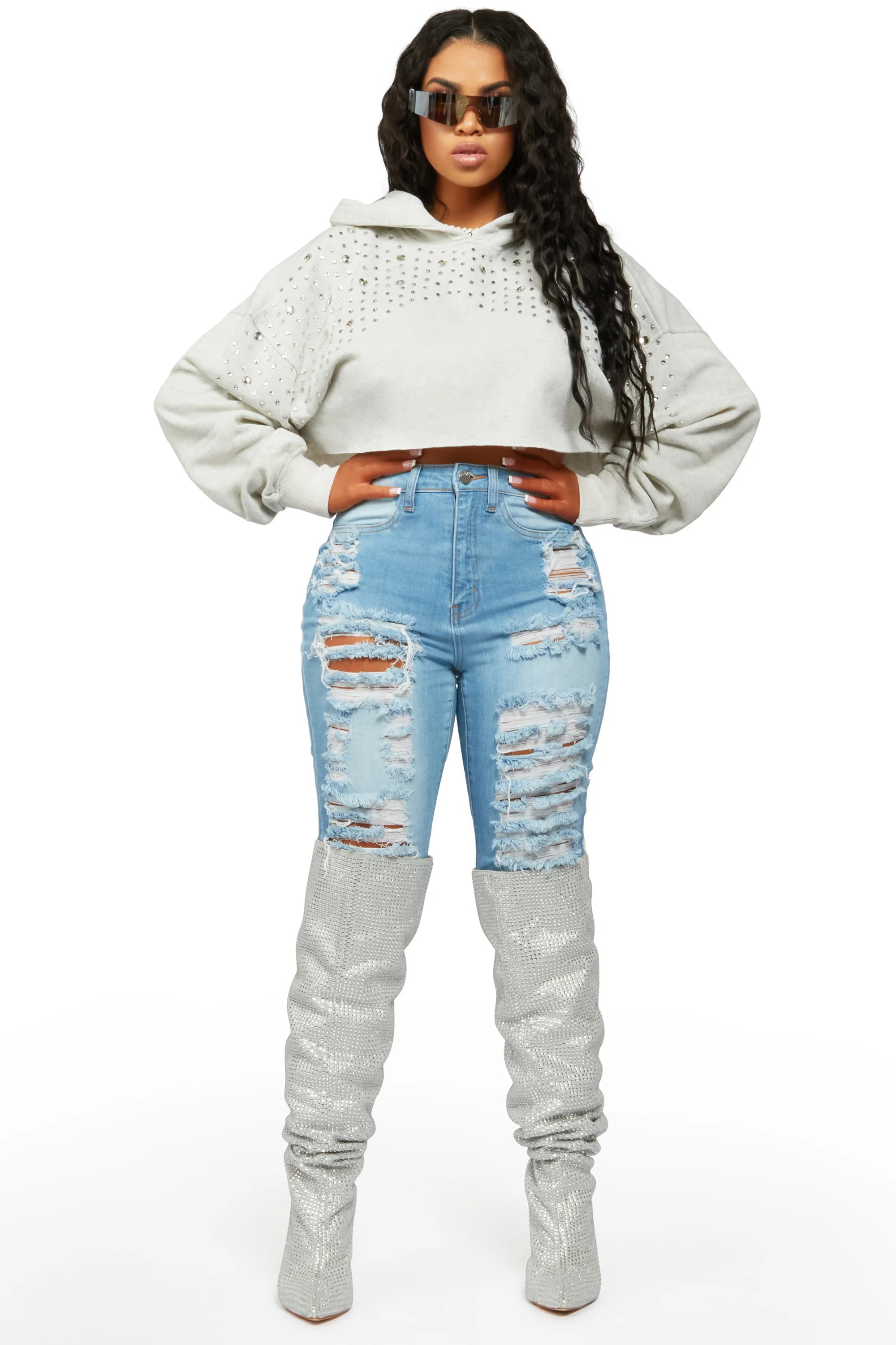 The Clermont Twins Neveah Beige Rhinestone Hoodie - Image 4