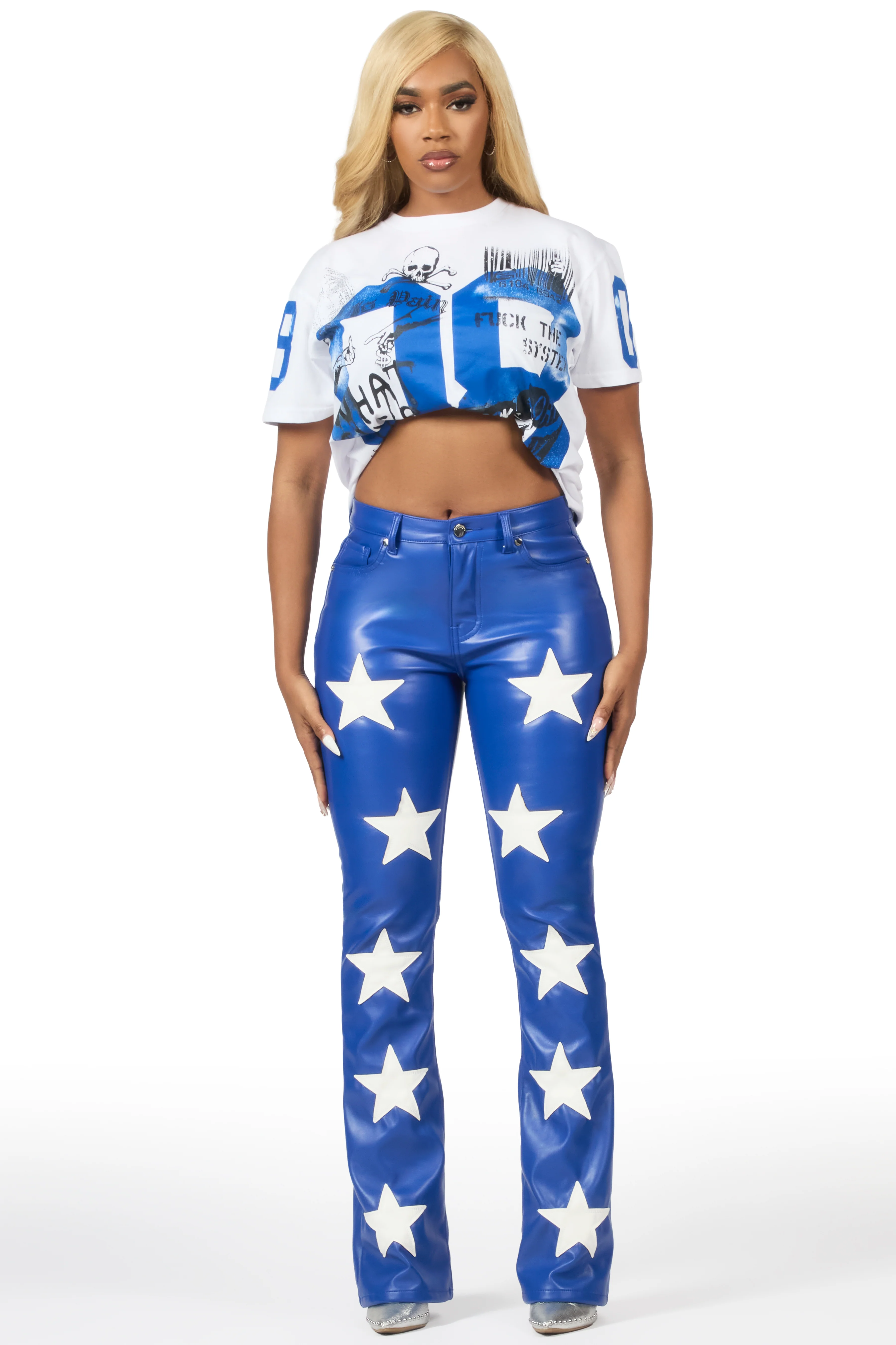 Takera Royal Blue PU Stacked Flare Pant - Image 4