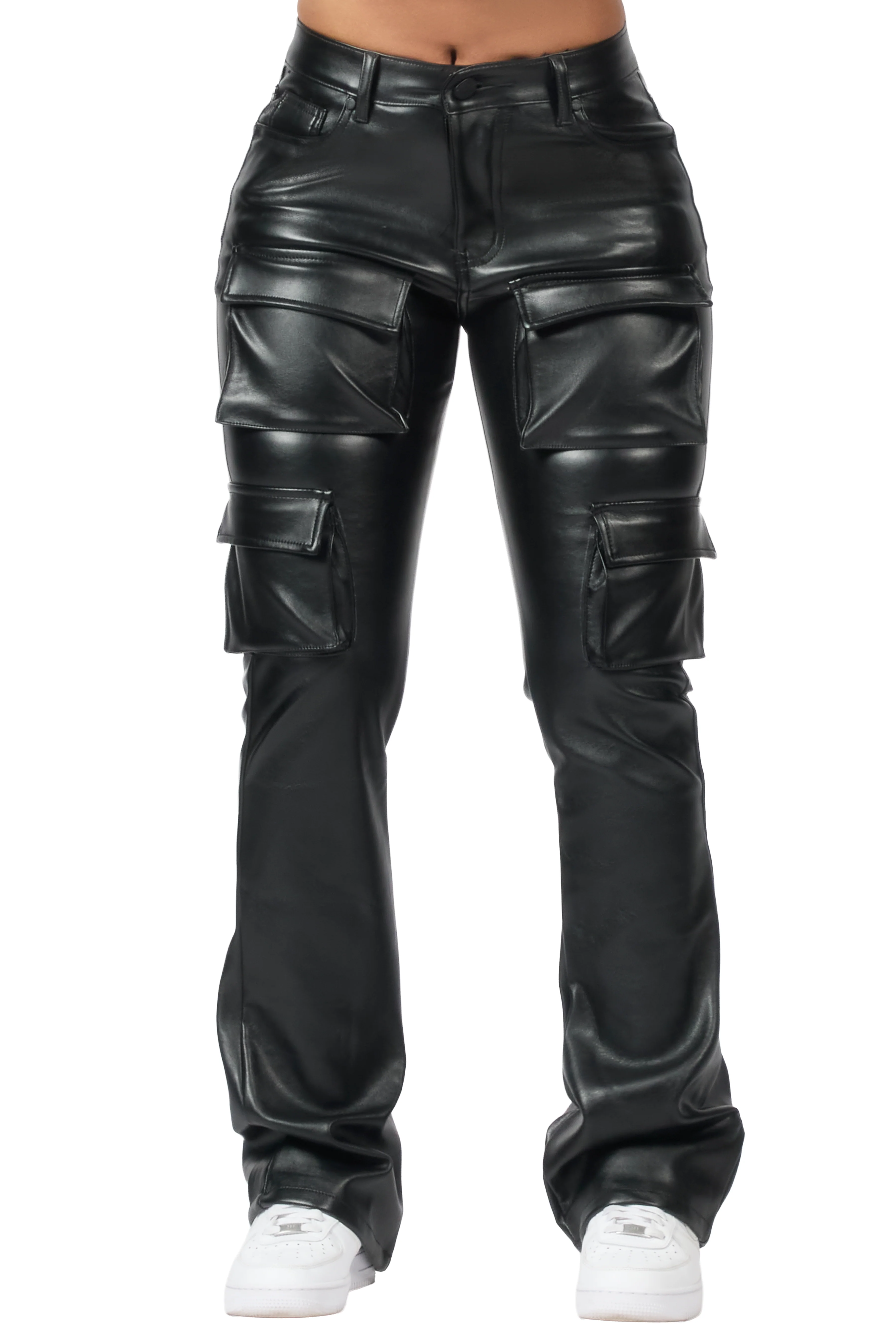 Caressia Black PU Cargo Stacked Flare Pant - Image 9