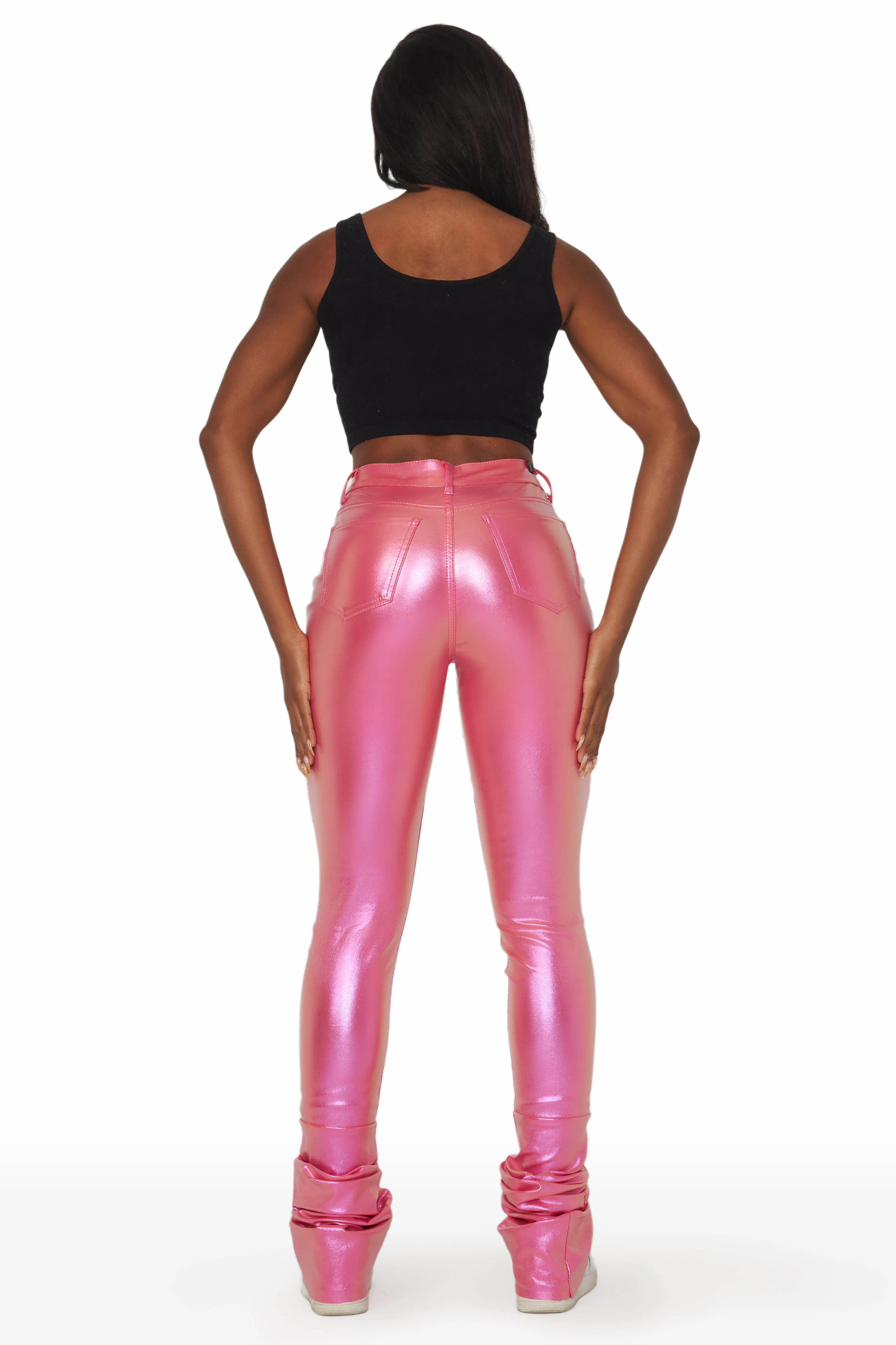 Zaniyah Metallic Pink PU Super Stacked Pant - Image 5